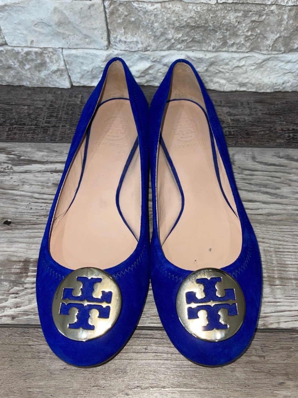 Tory Burch Reva Ballet Blue Suede Leather Flats Gold Logo Women Sz 8